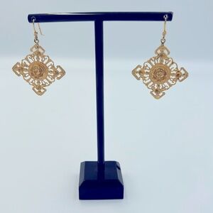 Barbosa Signed Gold Plated Filagree Ornate Rose Pattern Dangle Earrings